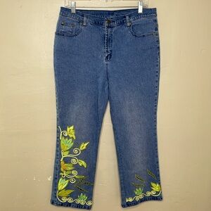 VINTAGE Diane Gilman Jeans Blue & Green Straight Leg Cropped Floral Art 10